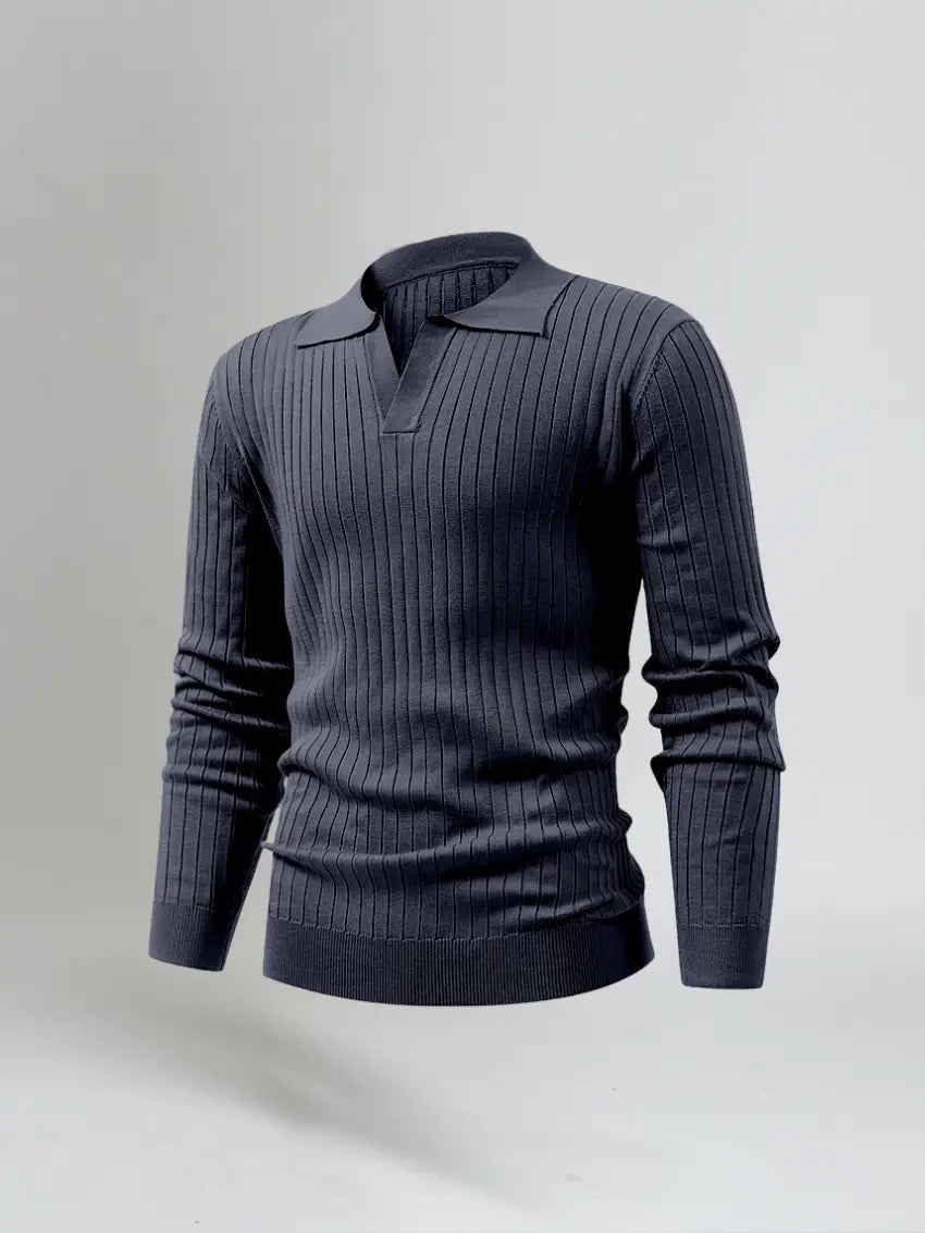 Striped Long-Sleeve Polo – Navy Blue
