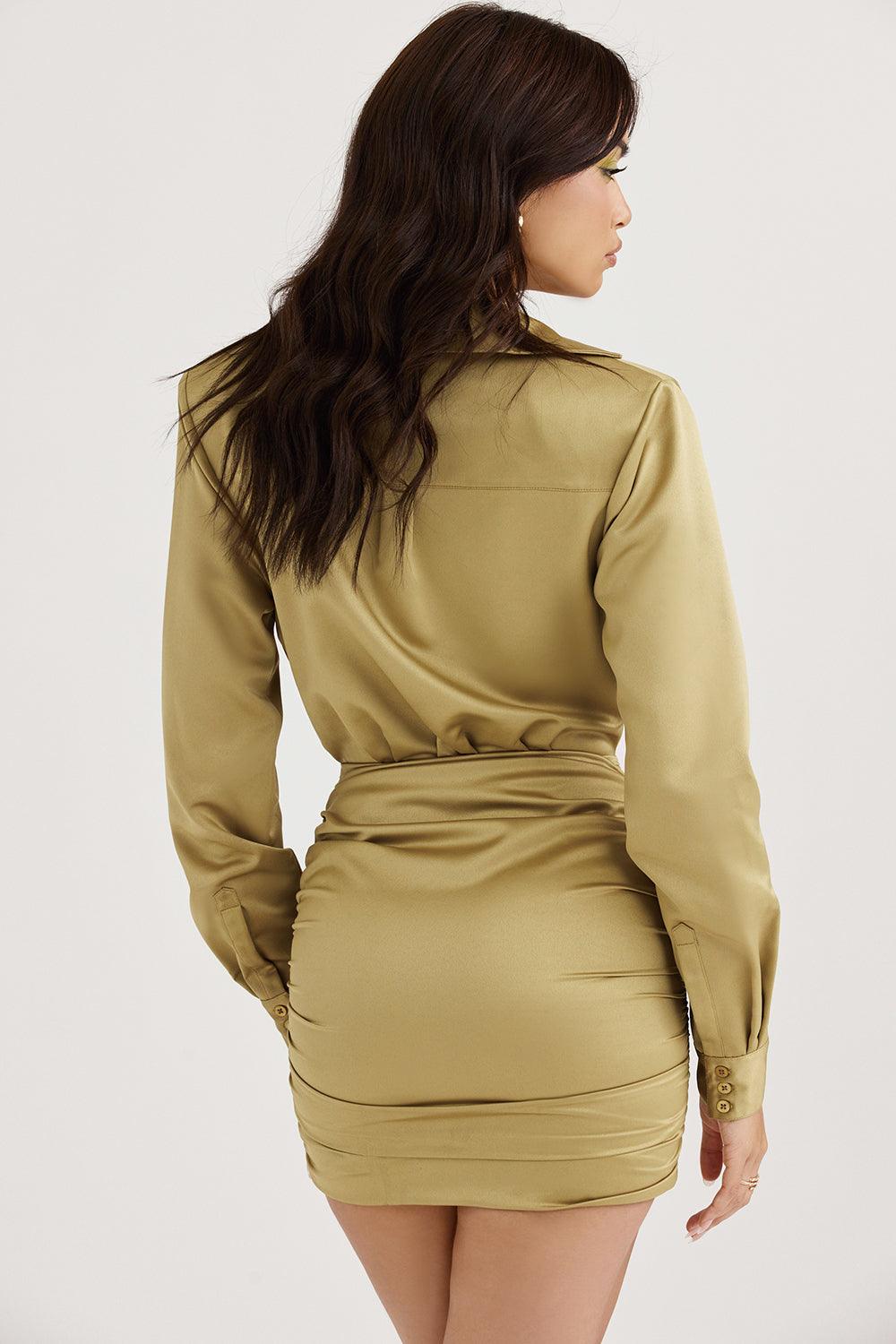 Milano Di Classe®| Olive Satin Shirt Dress