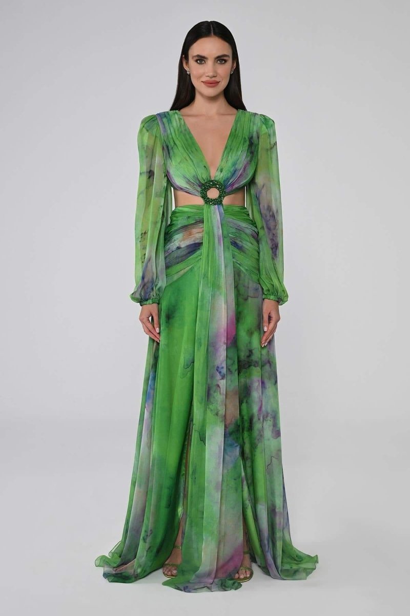 Trophy Wife Long Sleeve Maxi Dress – Multi-Colored V-Neck with Belt & Thigh-High Split main image 0