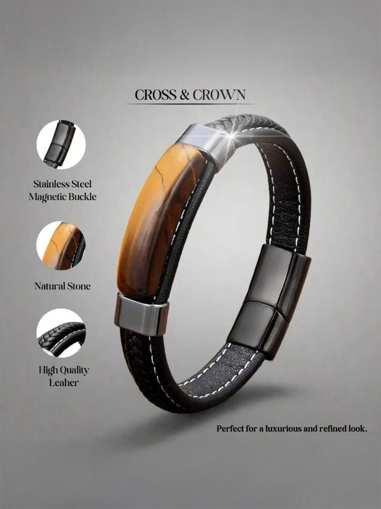 Natural Hematite Stone Leather Bracelet -  Cross & Crown
