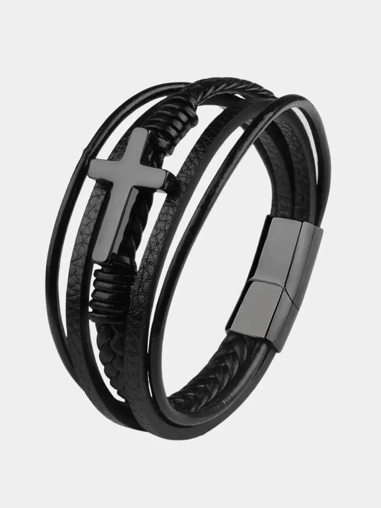 3 Layers Leather Bracelet Titanium Cross