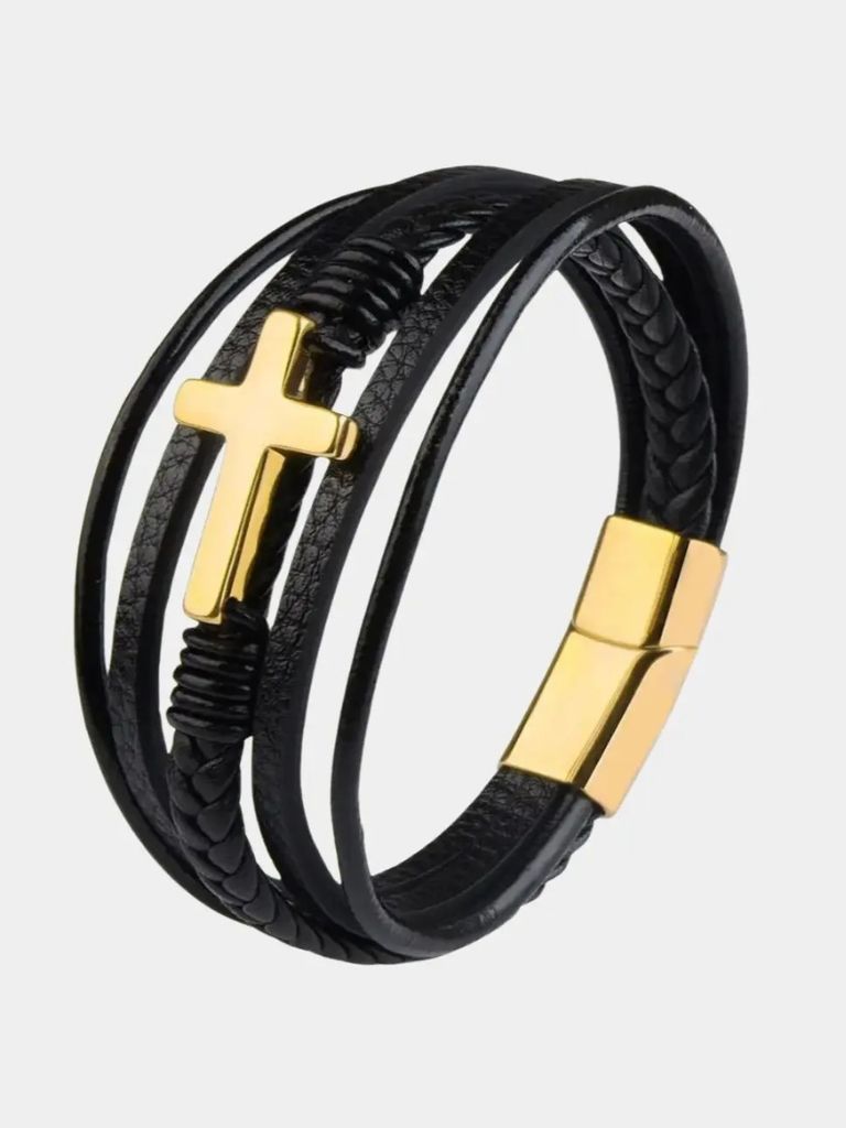 3 Layers Leather Bracelet Titanium Cross