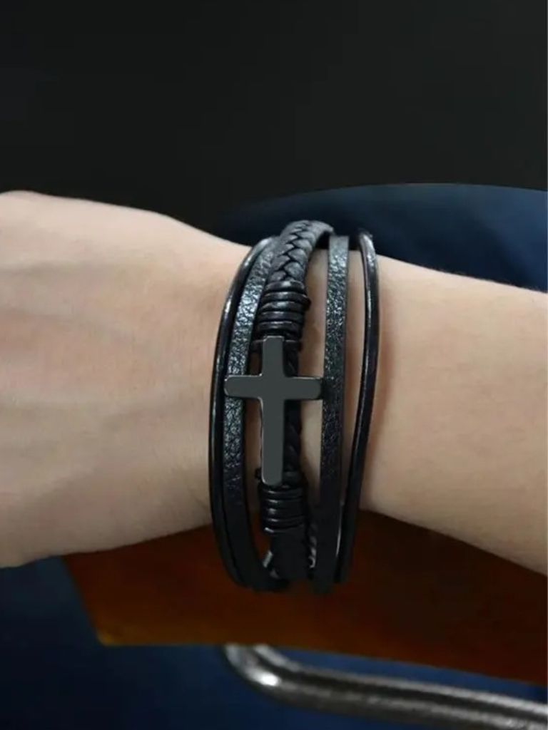 3 Layers Leather Bracelet Titanium Cross