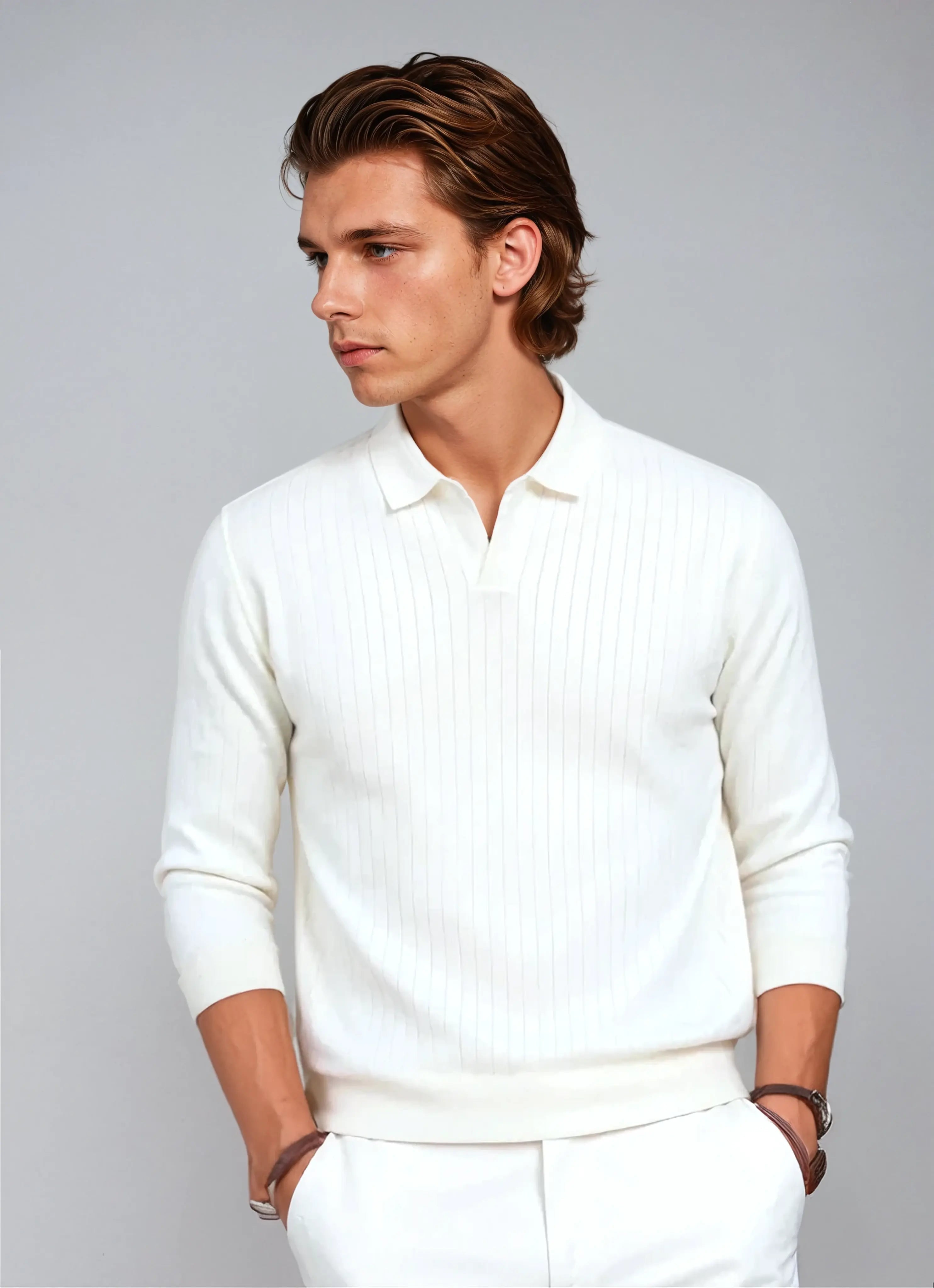 Striped Long-Sleeve Polo – White