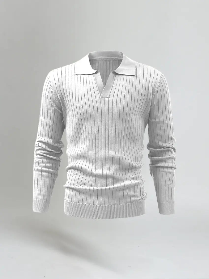 Striped Long-Sleeve Polo – White