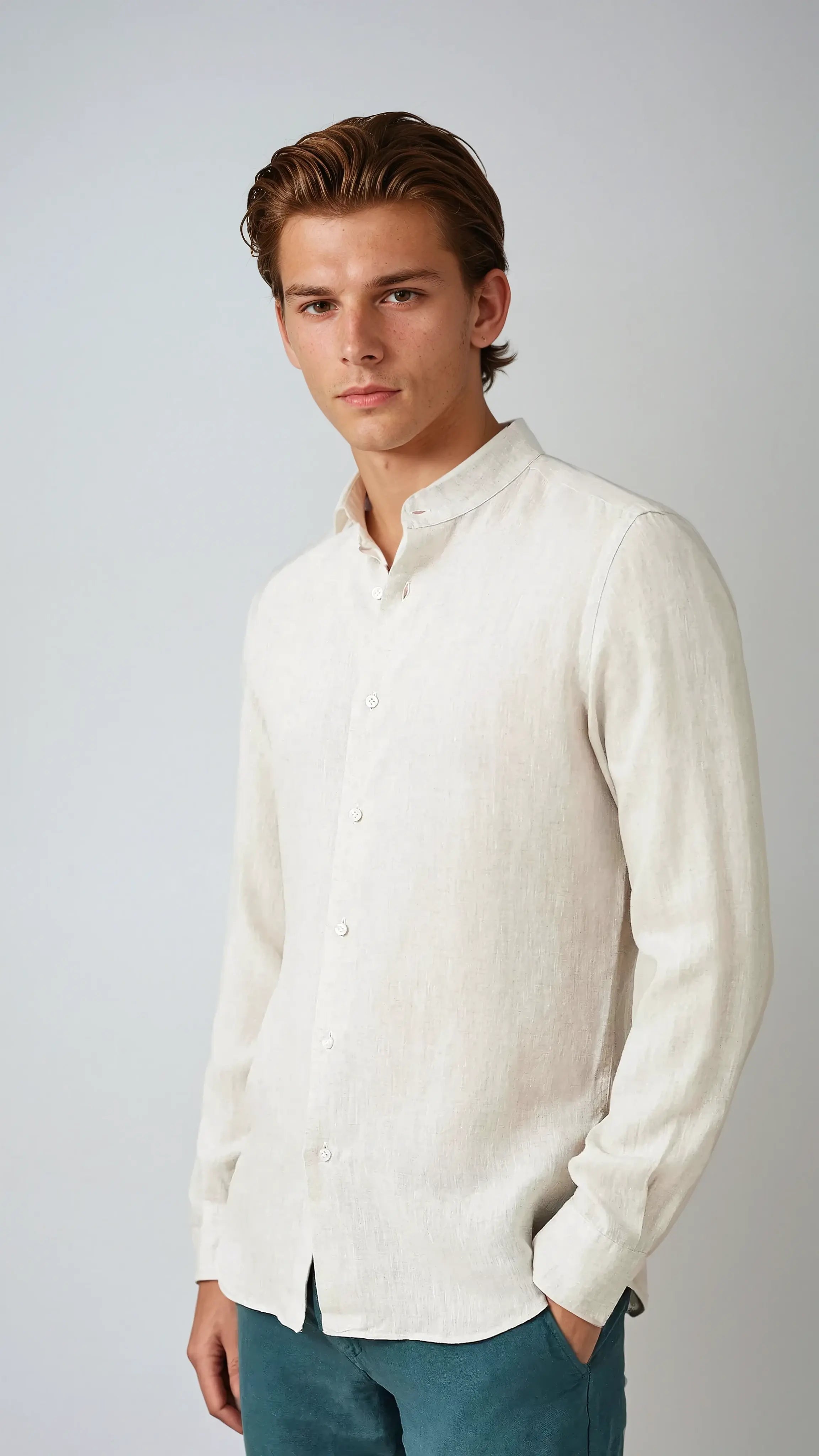 Linen Band Collar Shirt Beige