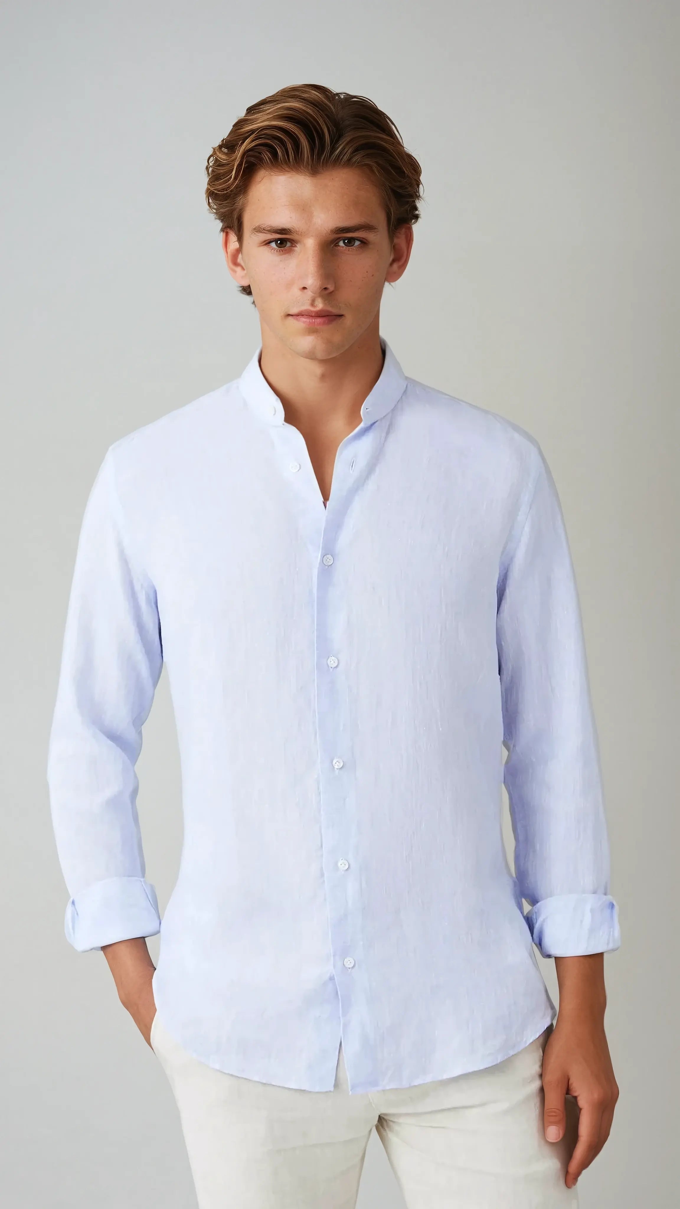 Linen Band Collar Shirt Light Blue