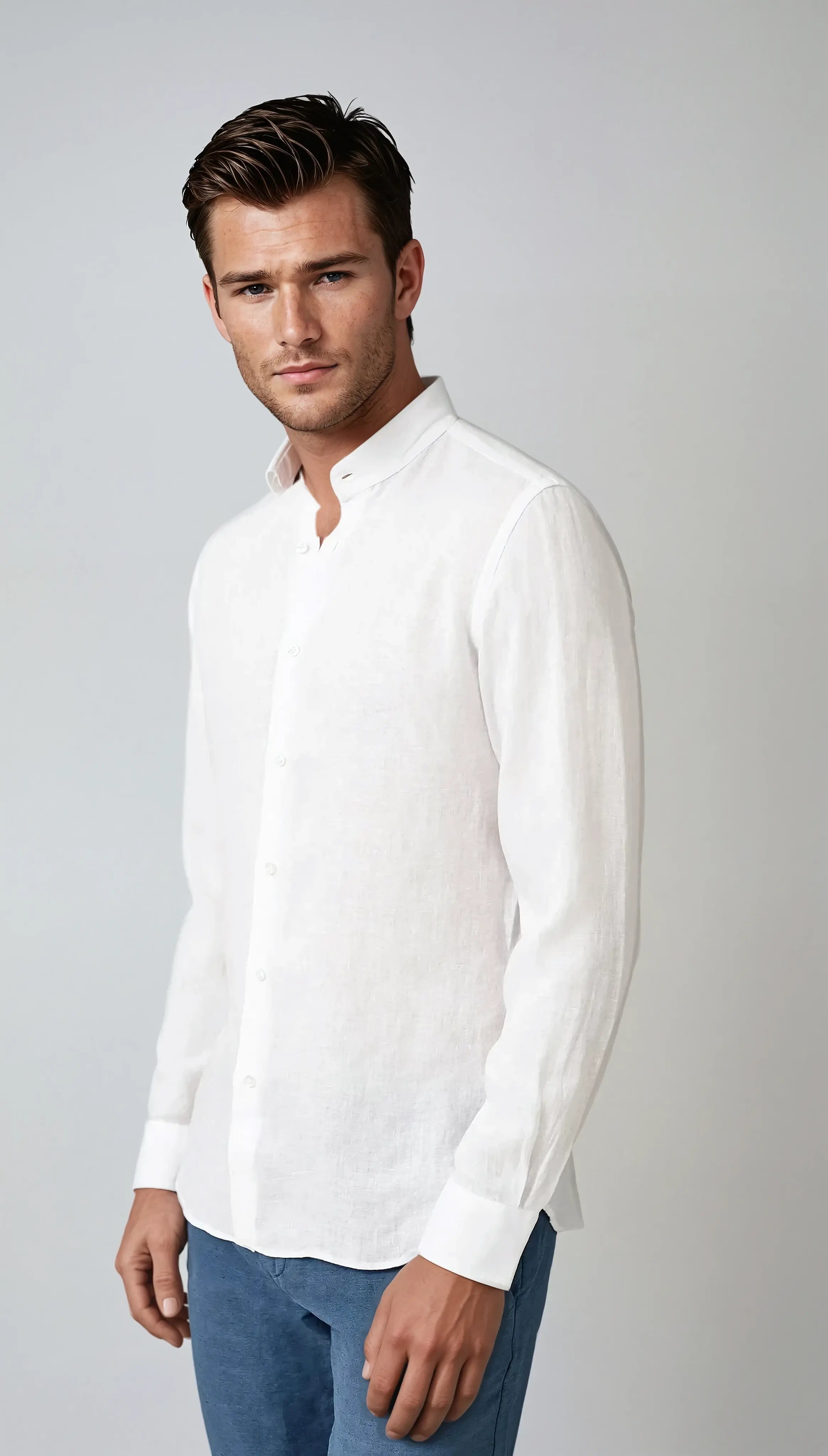 Linen Band Collar Shirt White
