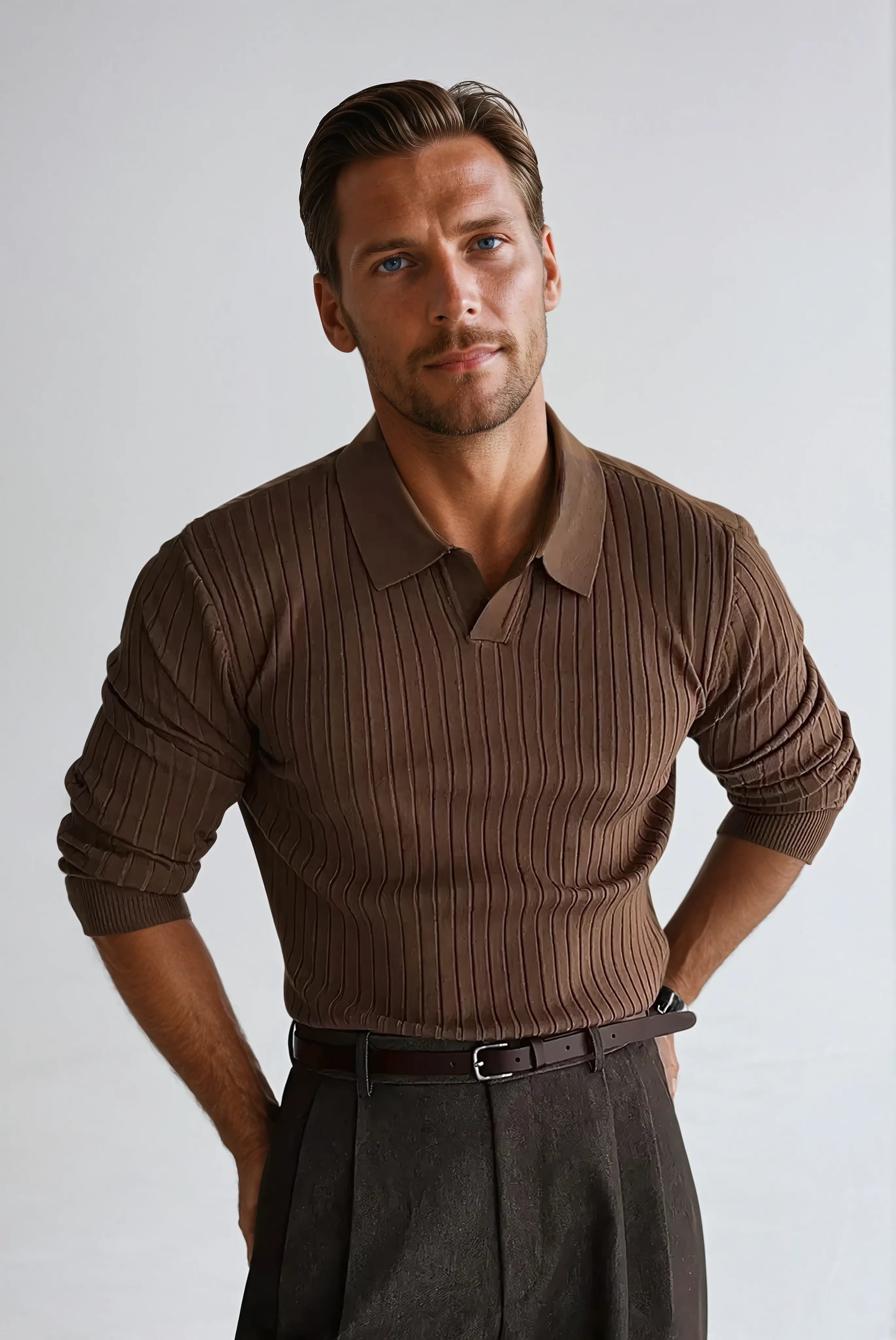Striped Long-Sleeve Polo – Brown