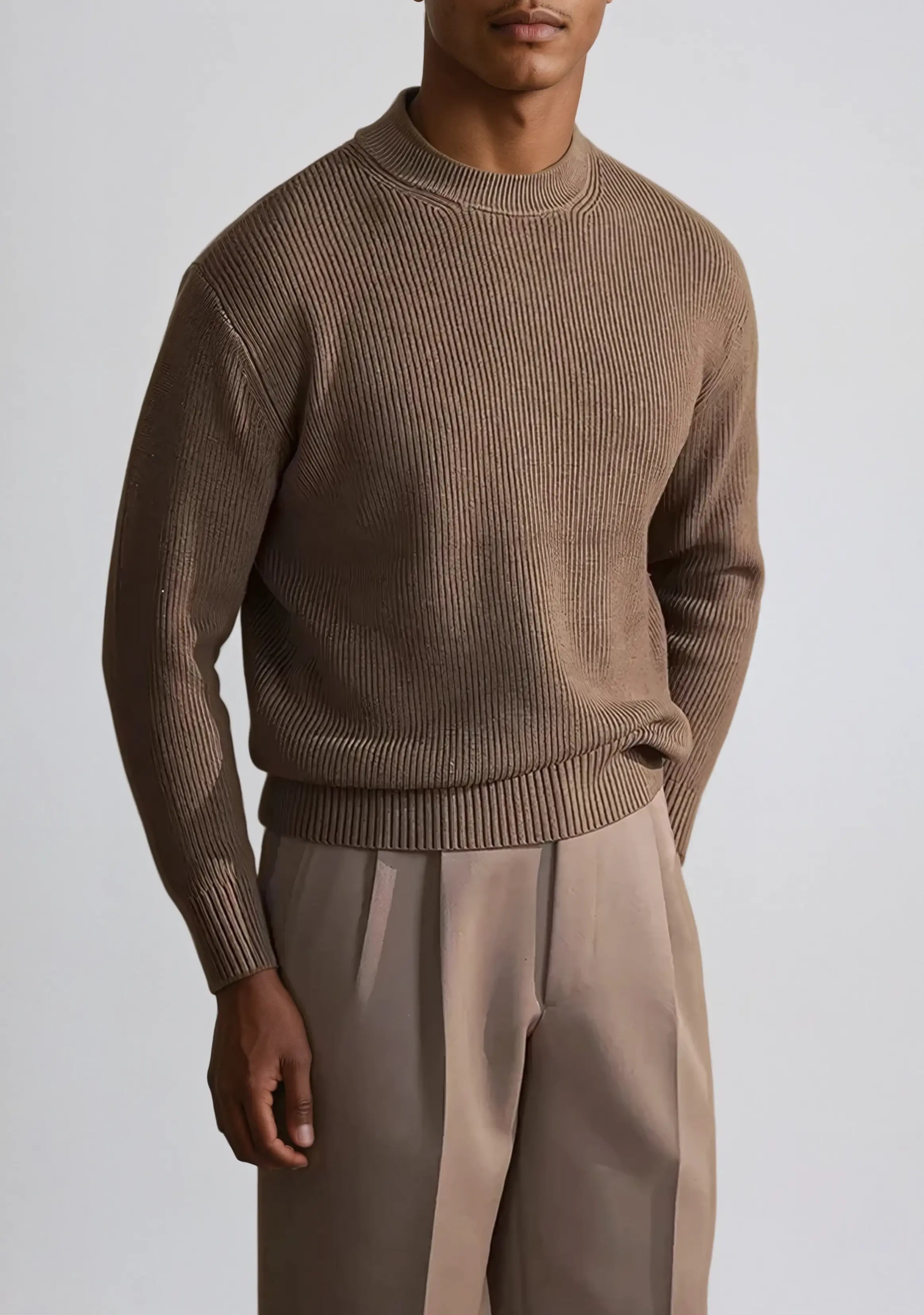 Ribbed Crewneck Sweater – Brown